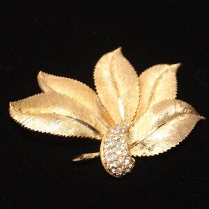 B.S.K. Large Leaf Spray Rhinestone and Golden Brooch Pin